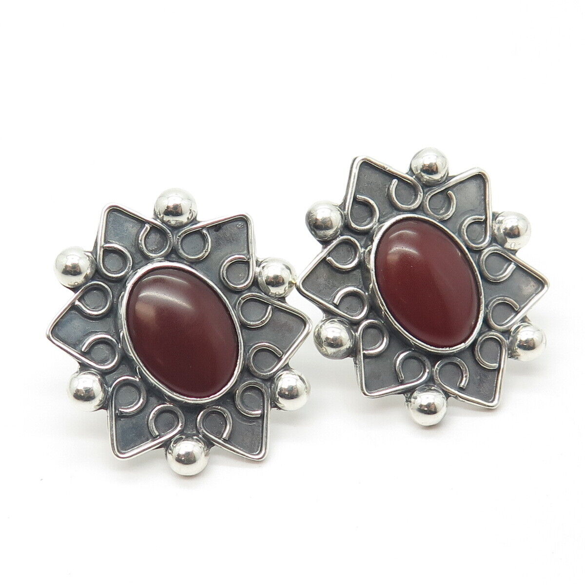 925 Sterling Silver Vintage CII Mexico Real Carnelian Gem Floral Earrings