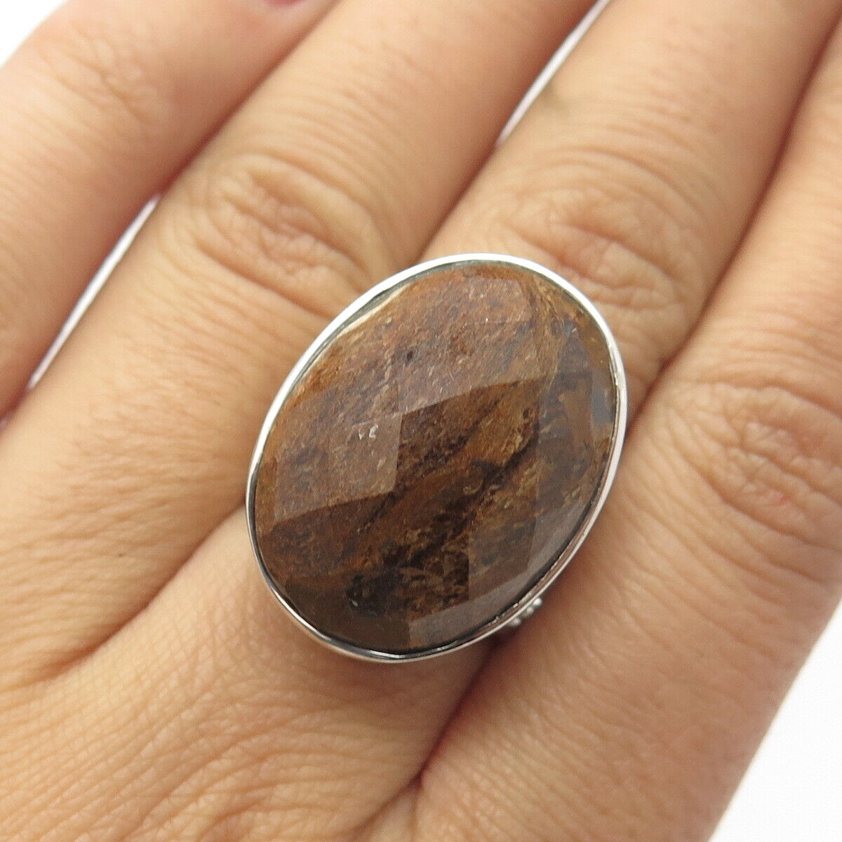 925 Sterling Silver Vintage Real Tiger Eye Gem Statement Ring Size 6.75