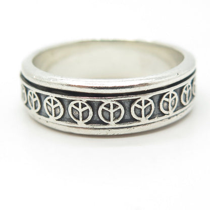 925 Sterling Silver Vintage Mexico Peace Symbol Rotating Band Ring Size 13.75