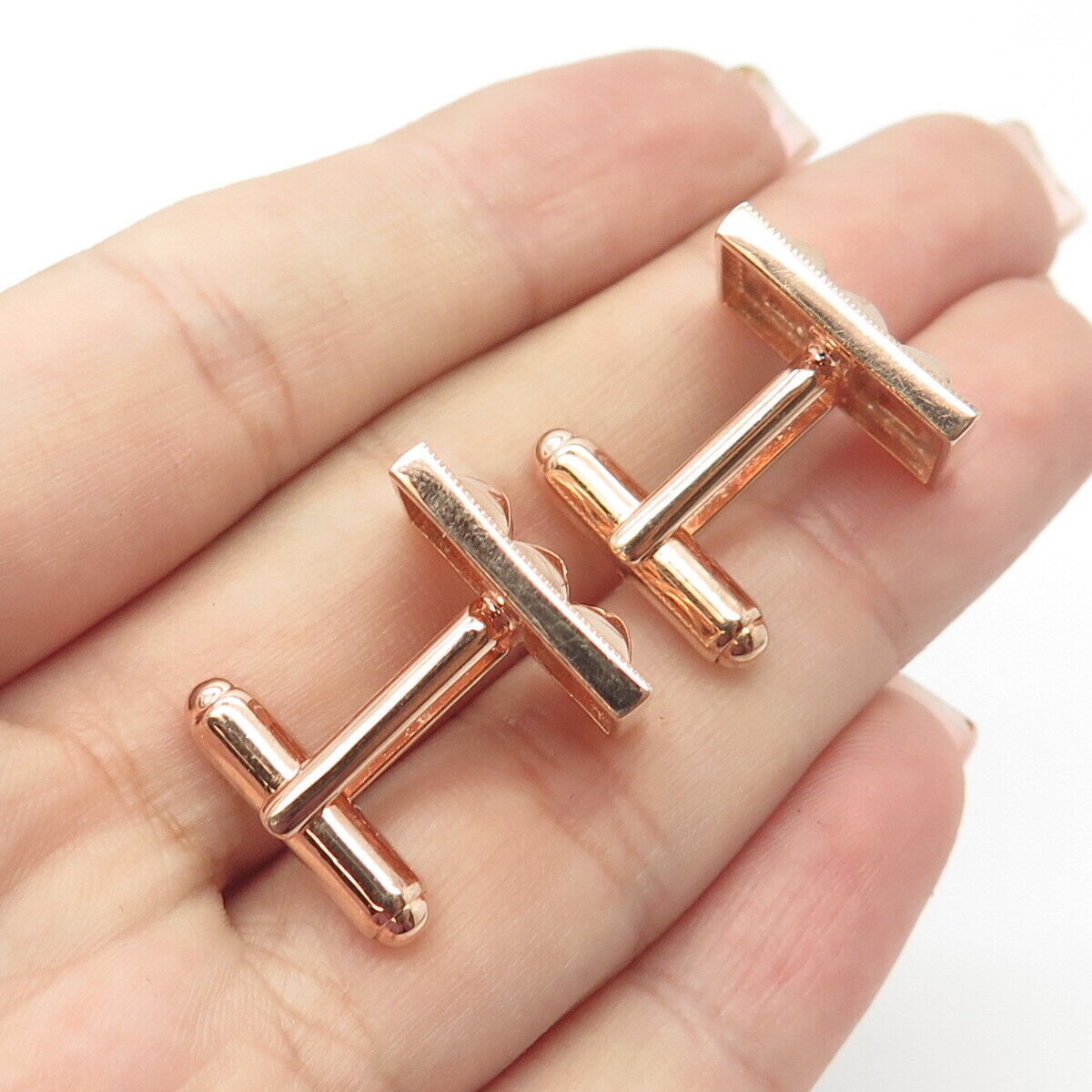 925 Sterling Silver Rose Gold Plated C Z Rectangular Cufflinks