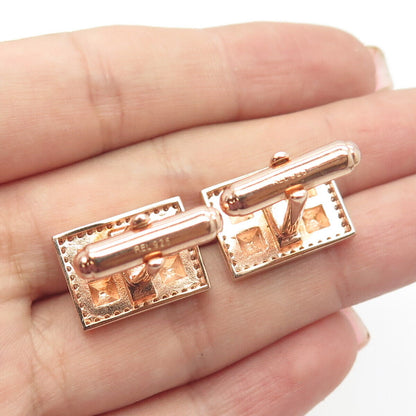 925 Sterling Silver Rose Gold Plated C Z Rectangular Cufflinks