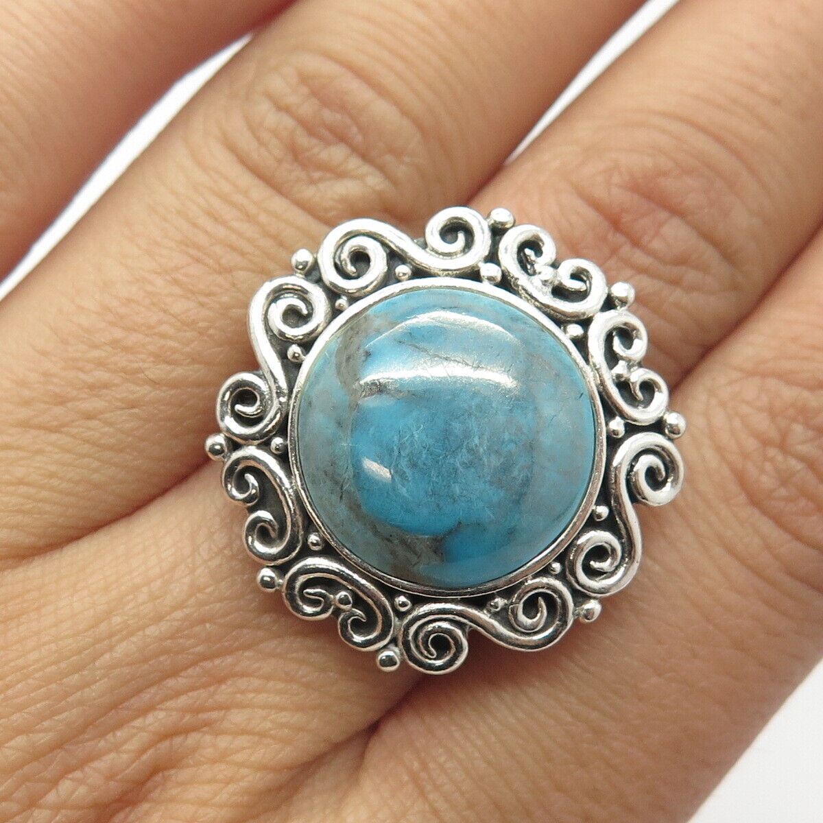 925 Sterling Silver Vintage Real Turquoise Gem Spiral Ring Size 6.75