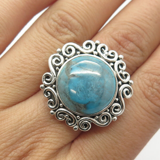 925 Sterling Silver Vintage Real Turquoise Gem Spiral Ring Size 6.75