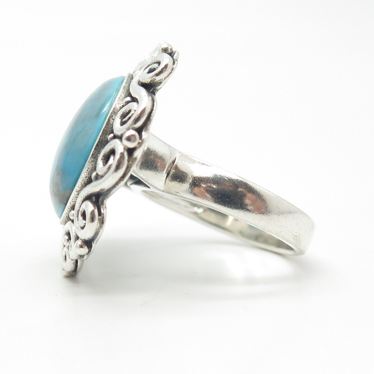 925 Sterling Silver Vintage Real Turquoise Gem Spiral Ring Size 6.75