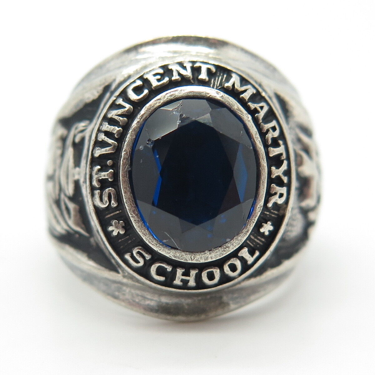 925 Sterling Silver Vintage 1972 Glass St. Vincent Martyr School Ring Size 6.75