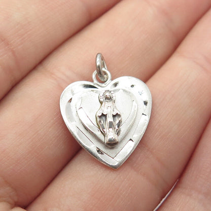 925 Sterling Silver Vintage St. Mary Miraculous Religious Heart Charm Pendant