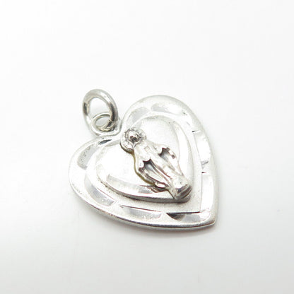 925 Sterling Silver Vintage St. Mary Miraculous Religious Heart Charm Pendant