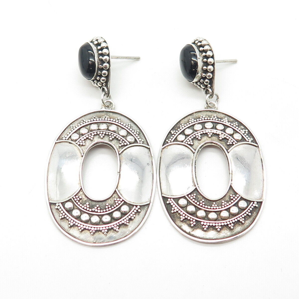 925 Sterling Silver Vintage Real Black Onyx Gemstone Ethnic Dangling Earrings