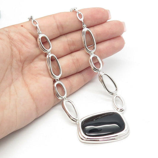 925 Sterling Silver Vintage Real Black Onyx Gemstone Oval Chain Necklace 16"