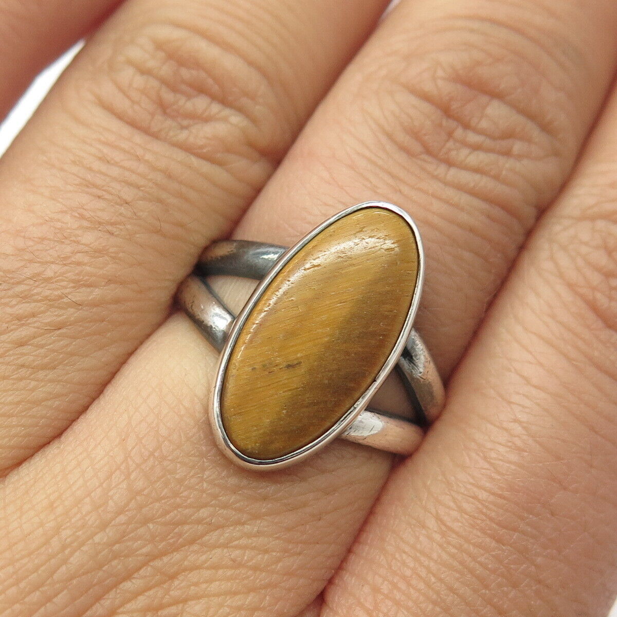 925 Sterling Silver Vintage Giles Tasco Mexico Real Tiger Eye Oval Ring Size 7