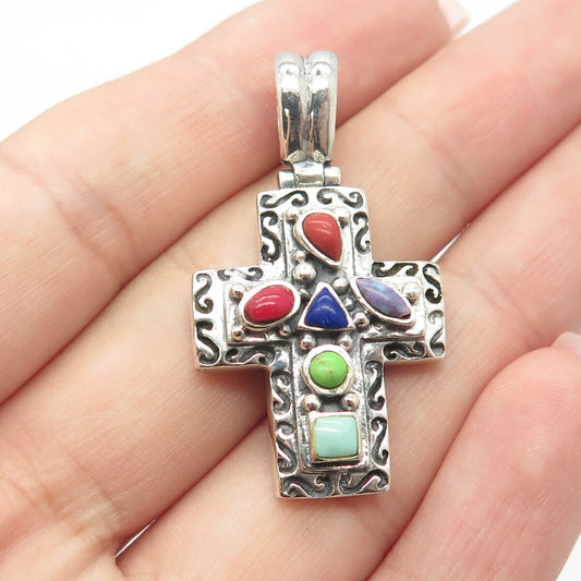 925 Sterling Silver Vintage Lapis Lazuli Coral & Turquoise Gem Cross Pendant