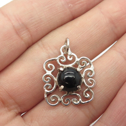 925 Sterling Silver Vintage Real Black Onyx Ornate Charm Pendant