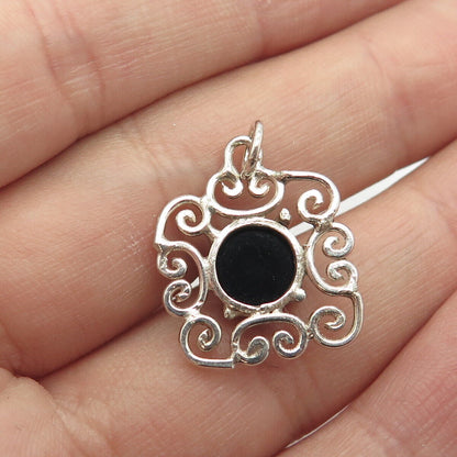 925 Sterling Silver Vintage Real Black Onyx Ornate Charm Pendant