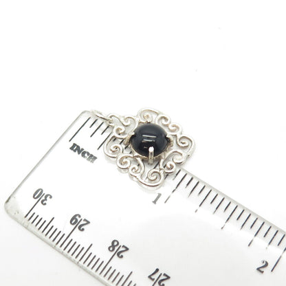 925 Sterling Silver Vintage Real Black Onyx Ornate Charm Pendant