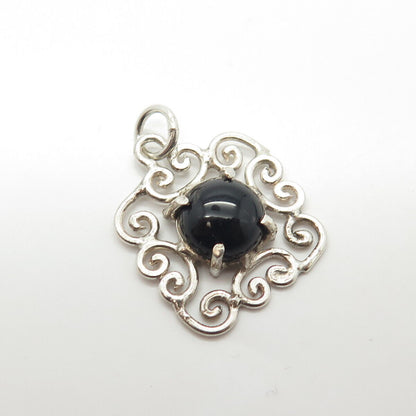 925 Sterling Silver Vintage Real Black Onyx Ornate Charm Pendant