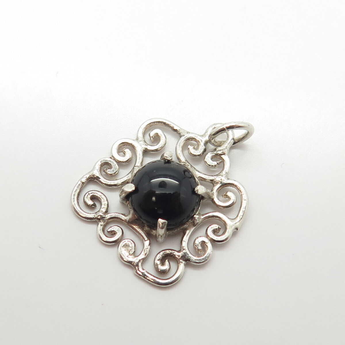 925 Sterling Silver Vintage Real Black Onyx Ornate Charm Pendant