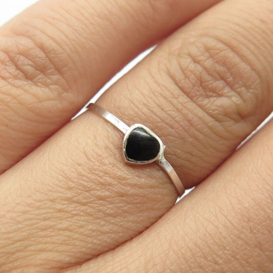 925 Sterling Silver Vintage Real Black Onyx Heart Stackable Ring Size 6.25