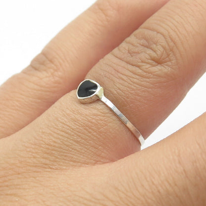 925 Sterling Silver Vintage Real Black Onyx Heart Stackable Ring Size 6.25