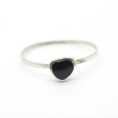 925 Sterling Silver Vintage Real Black Onyx Heart Stackable Ring Size 6.25