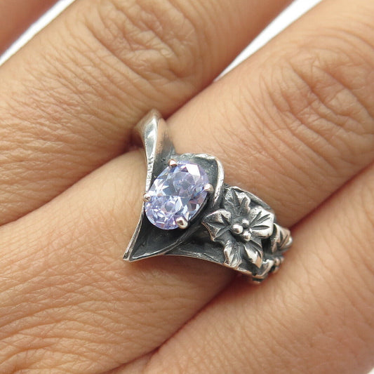 925 Sterling Silver Vintage Prairie Fire Lavender C Z Floral Ring Size 7.25