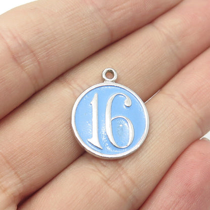 925 Sterling Silver Vintage Wells Enamel Sweet "16" Round Tag Pendant