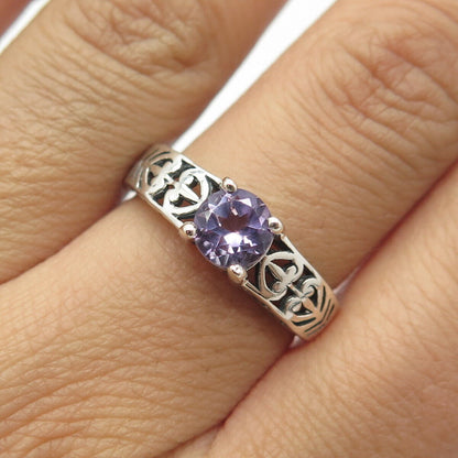 925 Sterling Silver Vintage Real Amethyst Heart & Fleur de Lis Ring Size 8.25