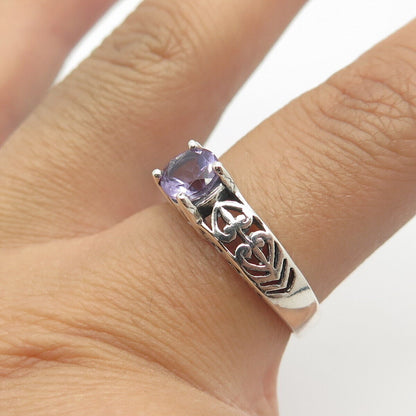 925 Sterling Silver Vintage Real Amethyst Heart & Fleur de Lis Ring Size 8.25