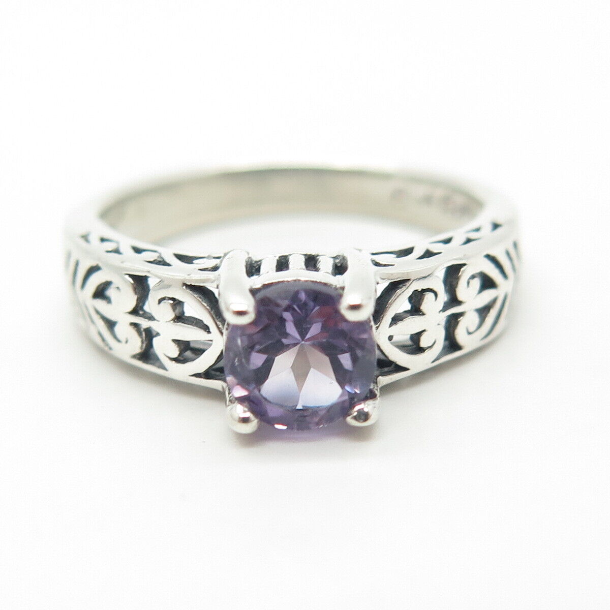 925 Sterling Silver Vintage Real Amethyst Heart & Fleur de Lis Ring Size 8.25