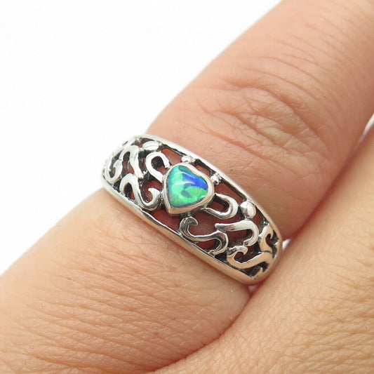 925 Sterling Silver Vintage Silver Cloud Real Opal Gem Heart Ring Size 4.25