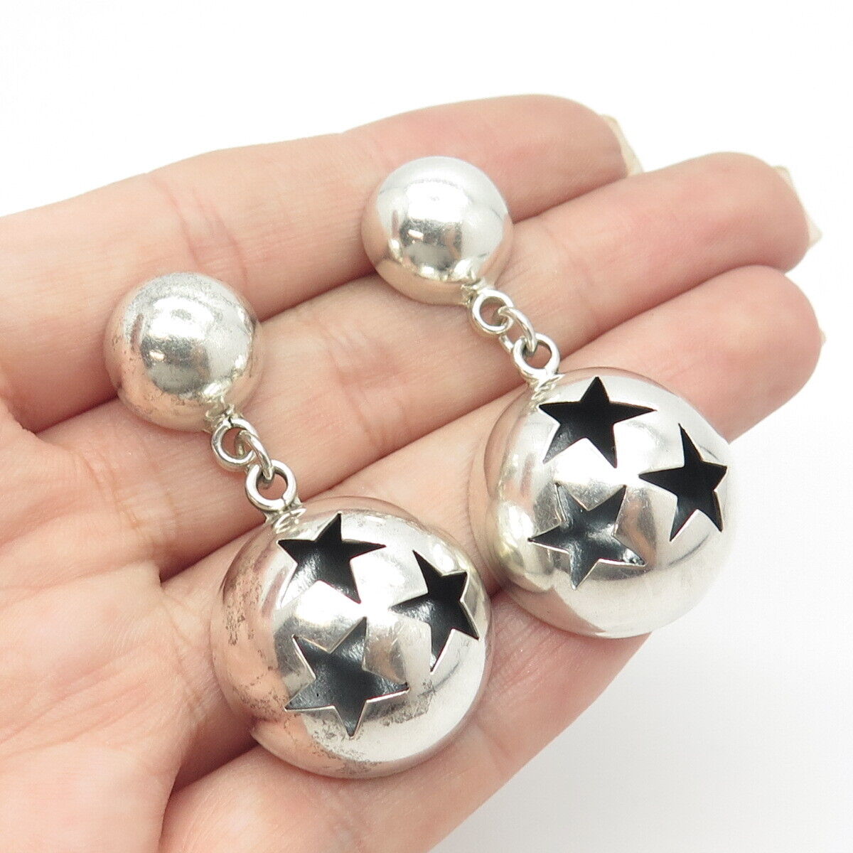 925 Sterling Silver Vintage Mexico Star Dome Dangling Earrings