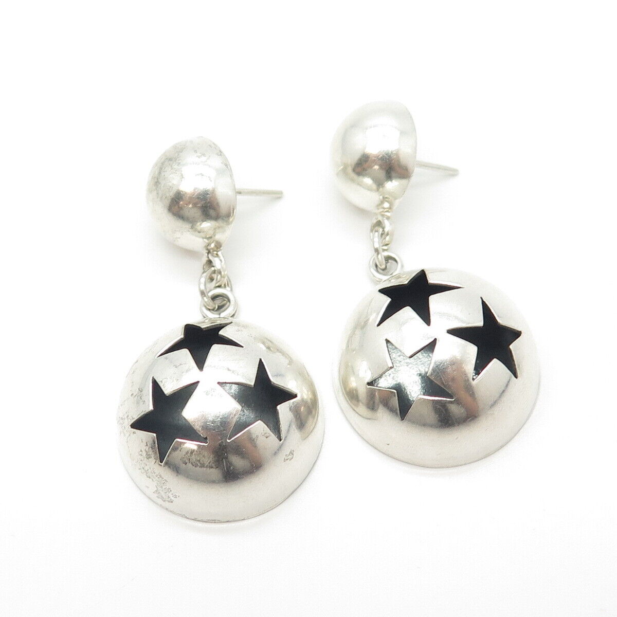 925 Sterling Silver Vintage Mexico Star Dome Dangling Earrings