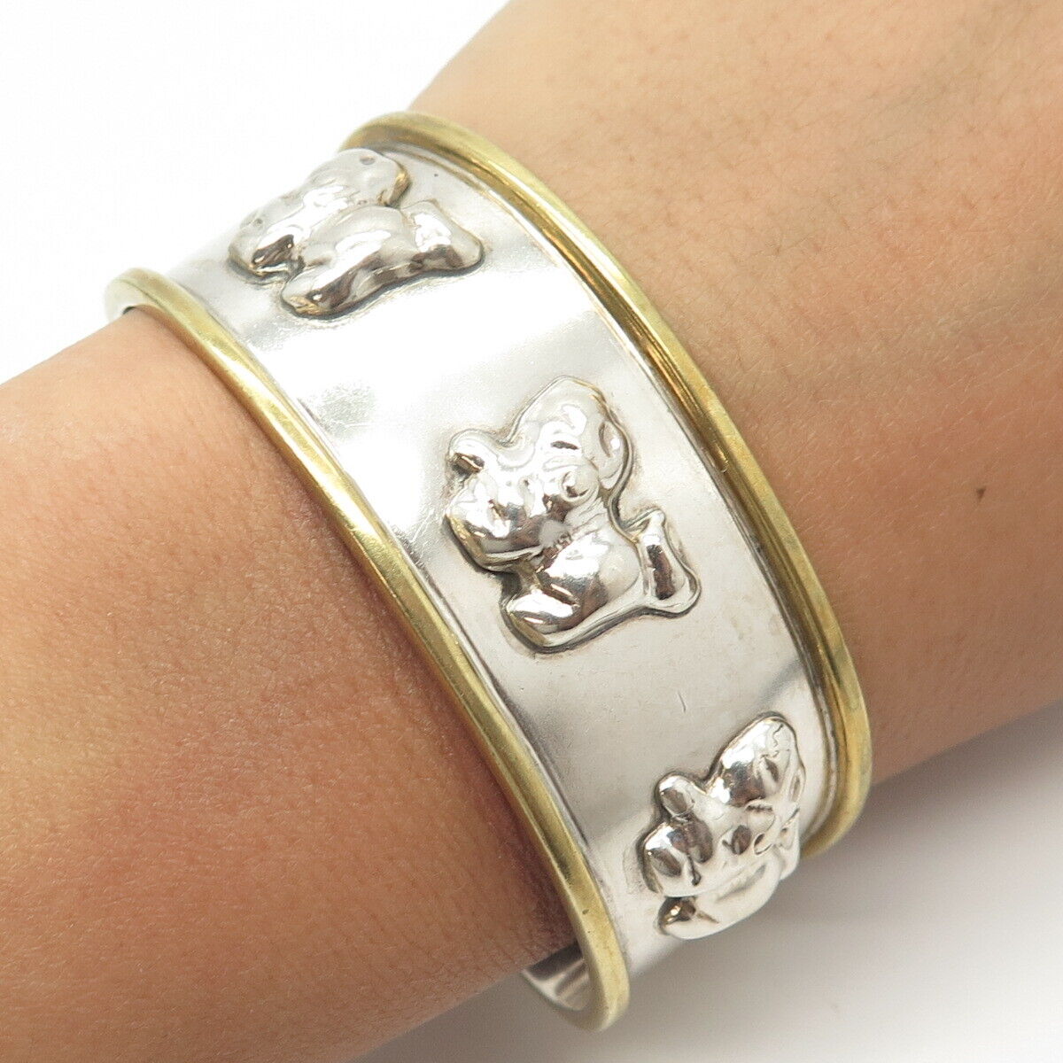 925 Sterling Silver 2-Tone Vintage Mexico Lion Adjustable Cuff Bracelet 7"