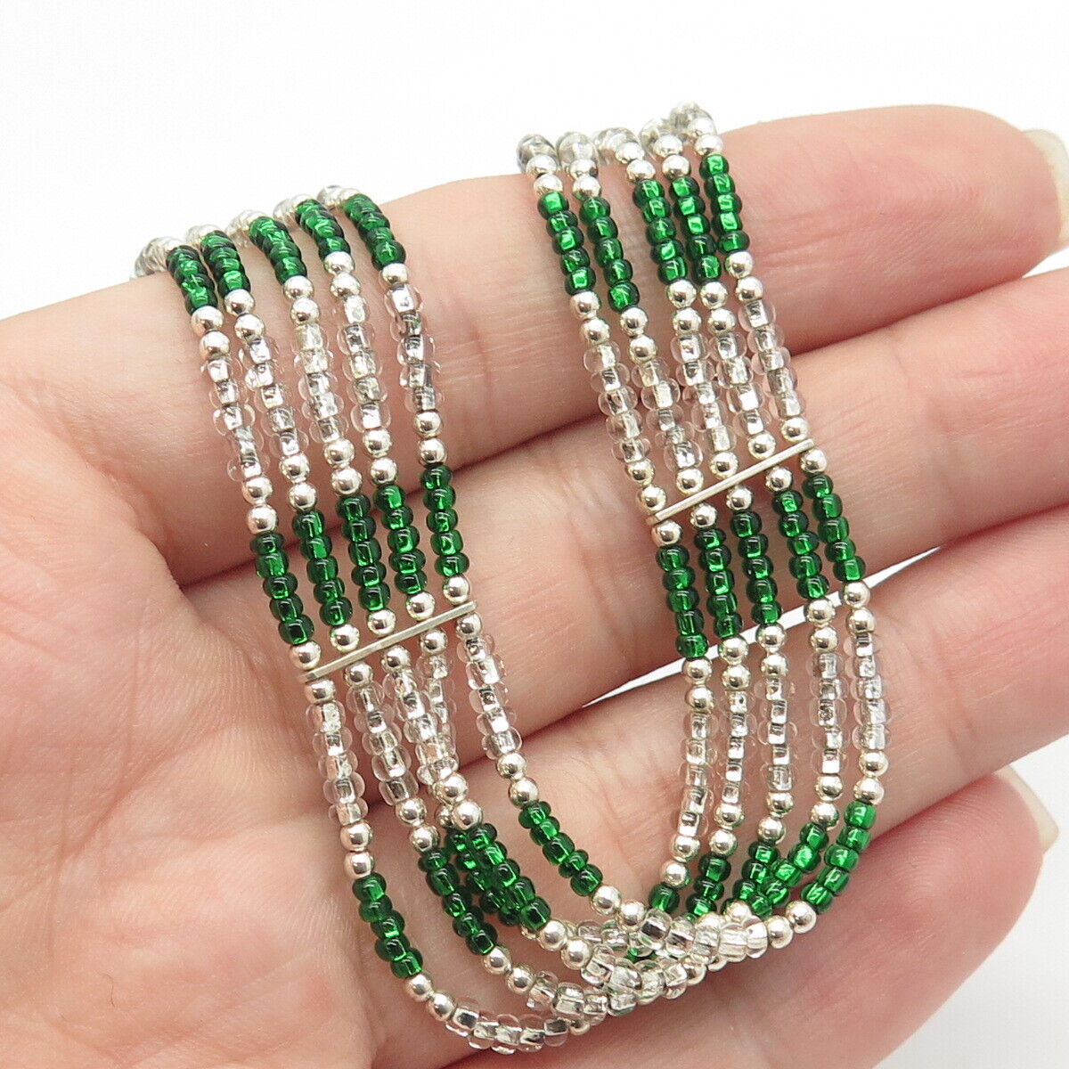 925 Sterling Silver Vintage White Green Beads 5-Row Liquid Chain Necklace 12-18"