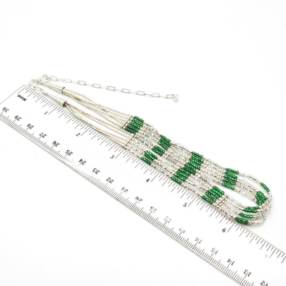 925 Sterling Silver Vintage White Green Beads 5-Row Liquid Chain Necklace 12-18"