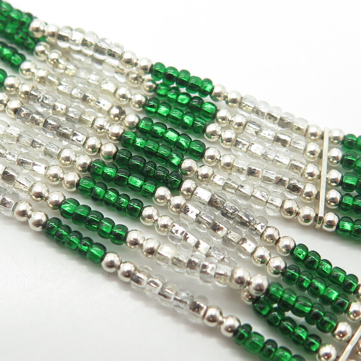 925 Sterling Silver Vintage White Green Beads 5-Row Liquid Chain Necklace 12-18"