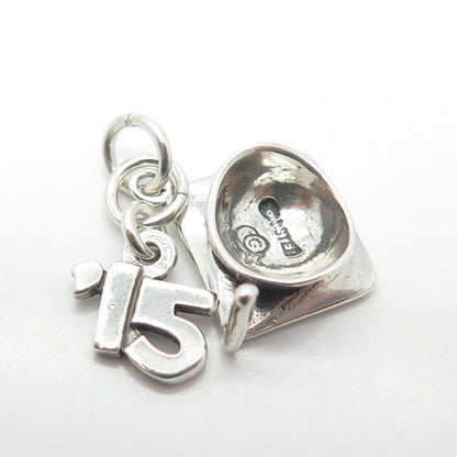 925 Sterling Silver Vintage Sun West "15" Graduation Academic Cap Charm Pendant