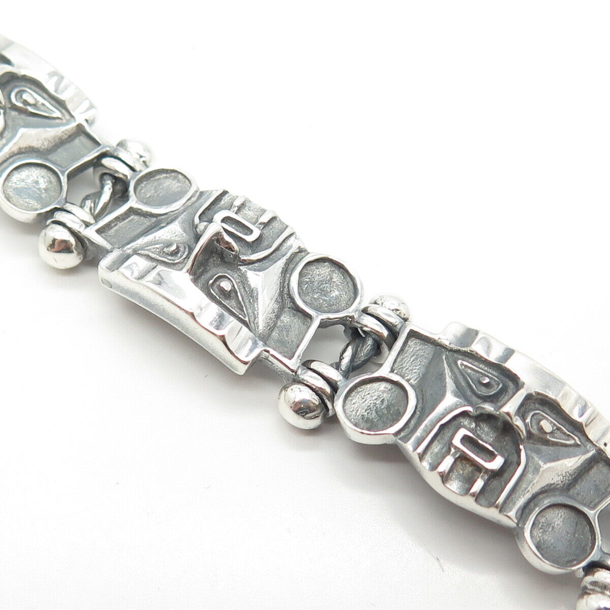 800 Silver Vintage Tribal Face Panel Link Bracelet 7.5"