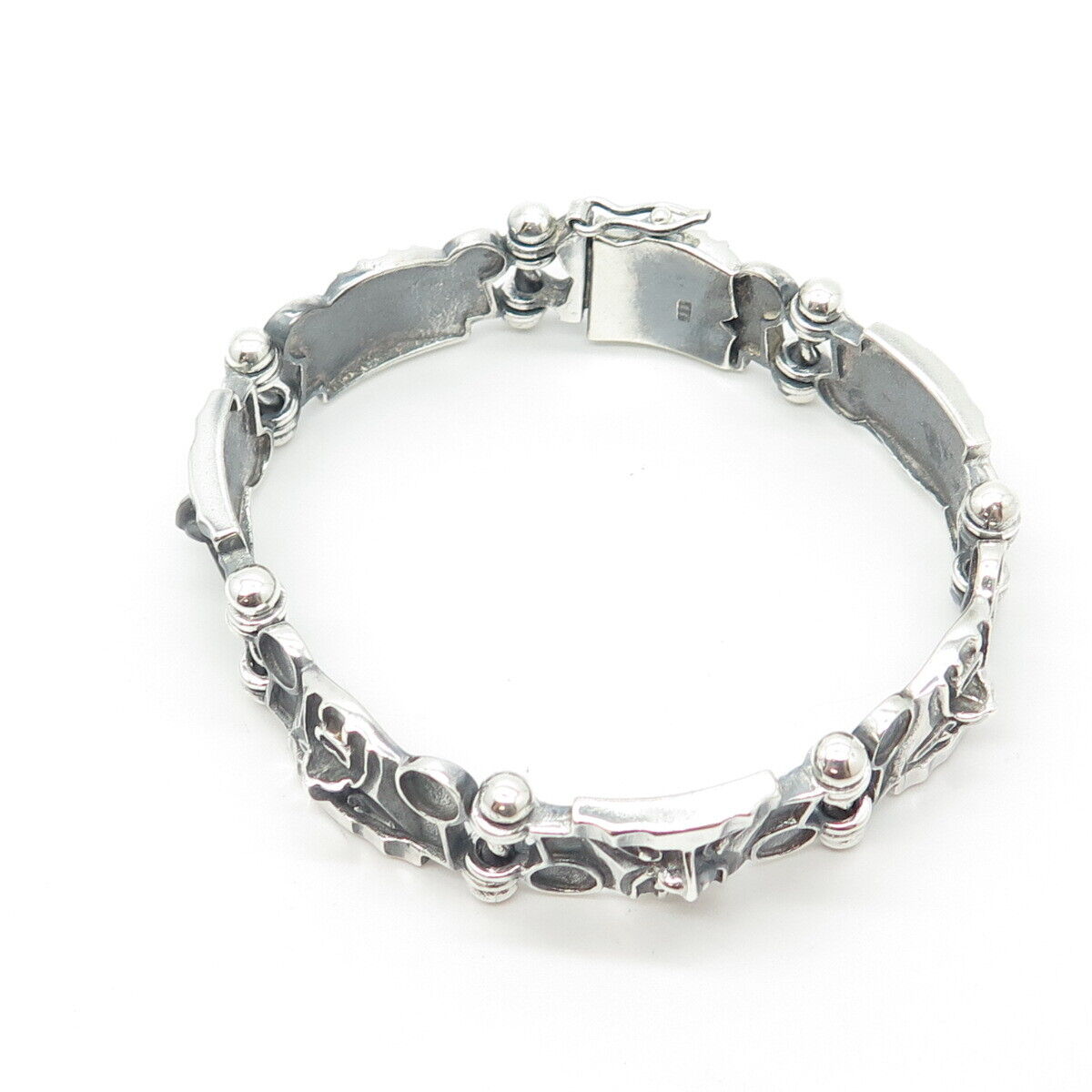 800 Silver Vintage Tribal Face Panel Link Bracelet 7.5"