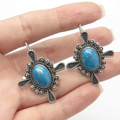 925 Sterling Silver Vintage Mexico Real Turquoise Gemstone Hook Earrings