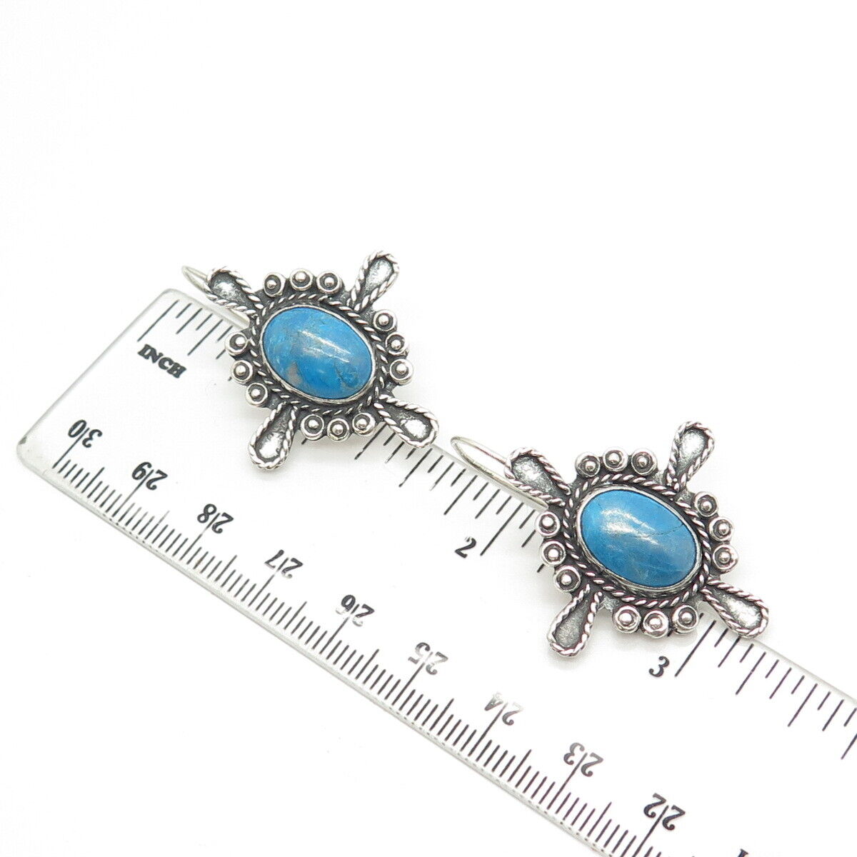 925 Sterling Silver Vintage Mexico Real Turquoise Gemstone Hook Earrings