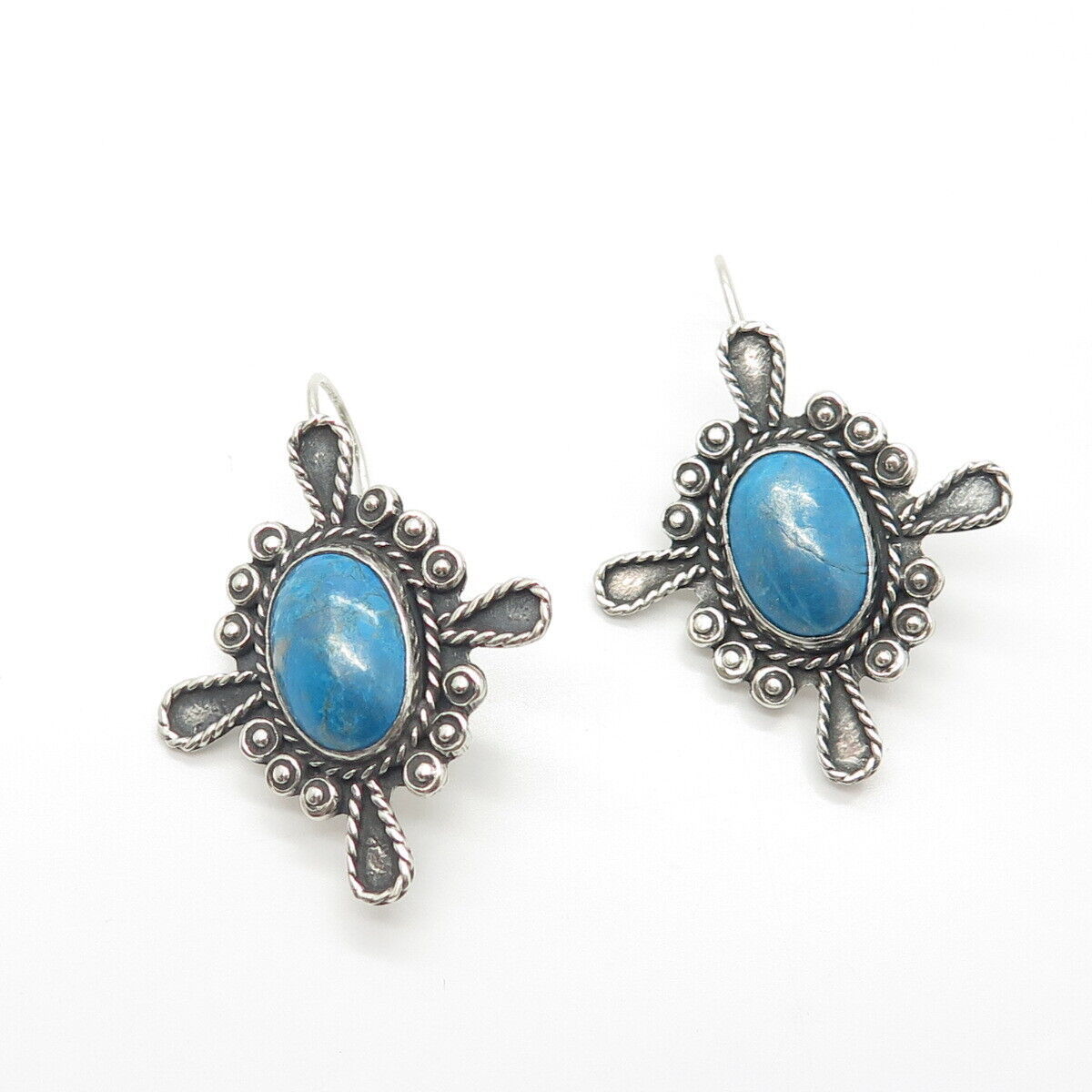 925 Sterling Silver Vintage Mexico Real Turquoise Gemstone Hook Earrings