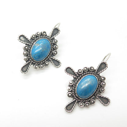 925 Sterling Silver Vintage Mexico Real Turquoise Gemstone Hook Earrings