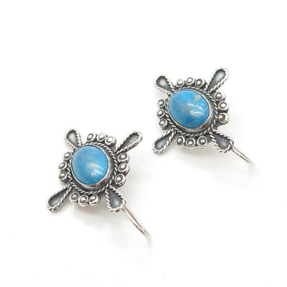 925 Sterling Silver Vintage Mexico Real Turquoise Gemstone Hook Earrings