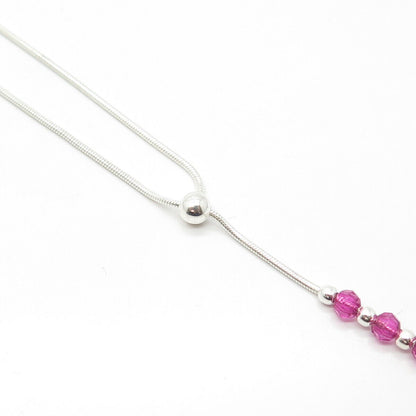 925 Sterling Silver Pink Crystal Lariat Snake Chain Necklace 20"