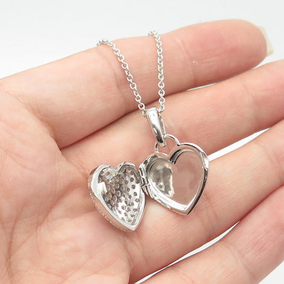 925 Sterling Silver Pave C Z Heart Locket Pendant Rolo Chain Necklace 14"