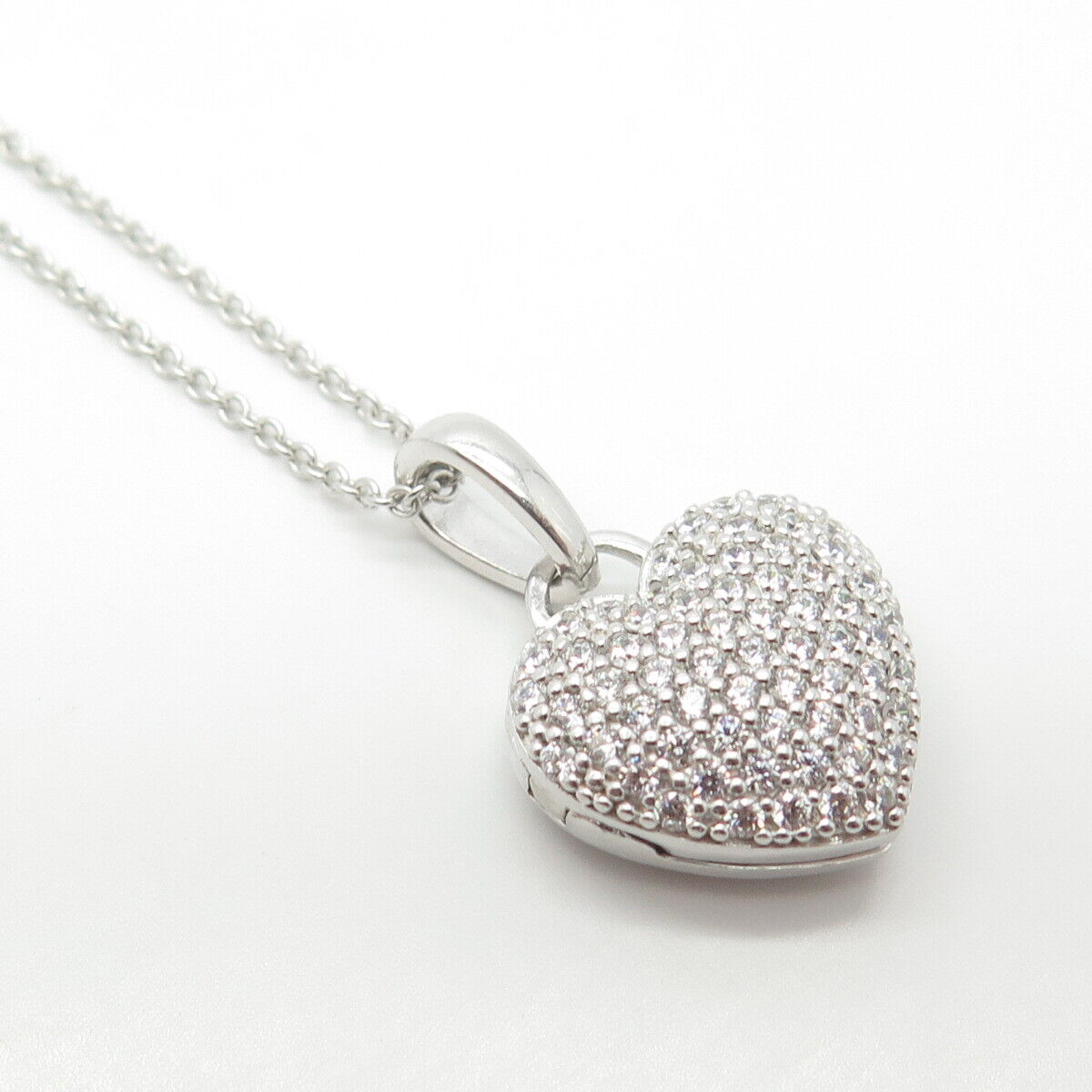 925 Sterling Silver Pave C Z Heart Locket Pendant Rolo Chain Necklace 14"