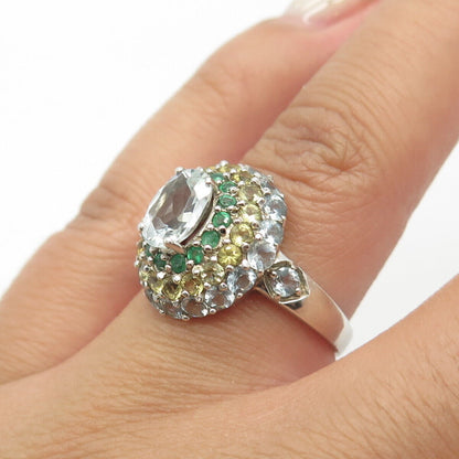 925 Sterling Silver Real Blue Topaz Citrine & Emerald Gemstone Ring Size 7.5