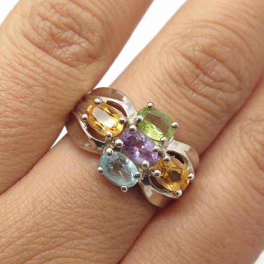 925 Sterling Silver Vintage Amethyst Citrine Peridot Topaz Gem Ring Size 8.25