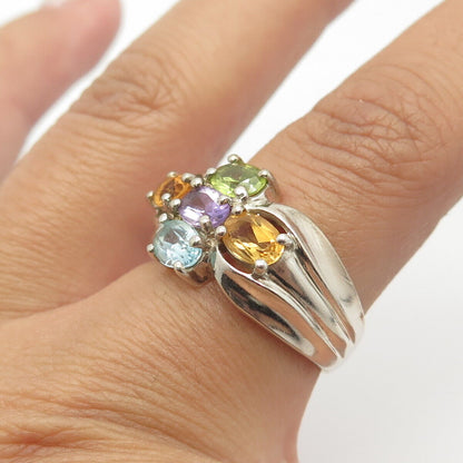 925 Sterling Silver Vintage Amethyst Citrine Peridot Topaz Gem Ring Size 8.25