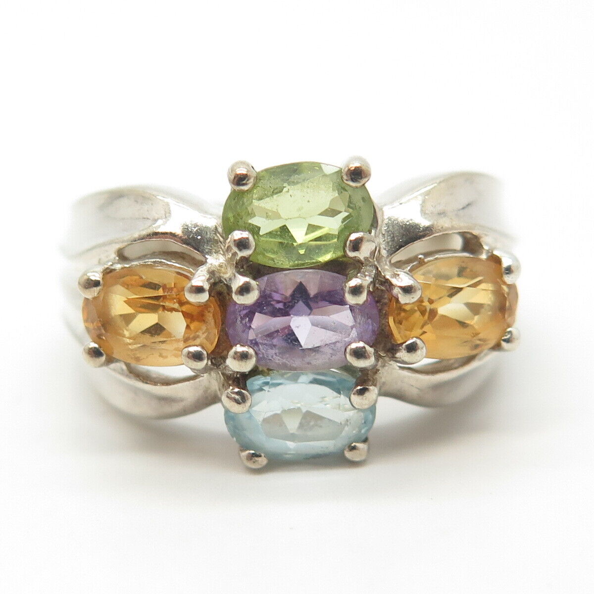 925 Sterling Silver Vintage Amethyst Citrine Peridot Topaz Gem Ring Size 8.25